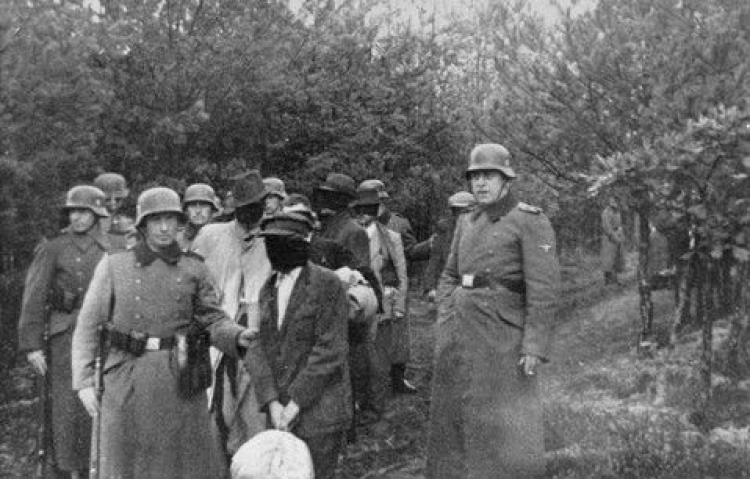 Polscy więźniowie z zawiązanymi oczyma przed egzekucją dokonaną przez Niemców w Palmirach. 1940 r. Źródło: Wikimedia Commons Polscy więźniowie z zawiązanymi oczyma przed egzekucją dokonaną przez Niemców w Palmirach. 1940 r. Źródło: Wikimedia Commons