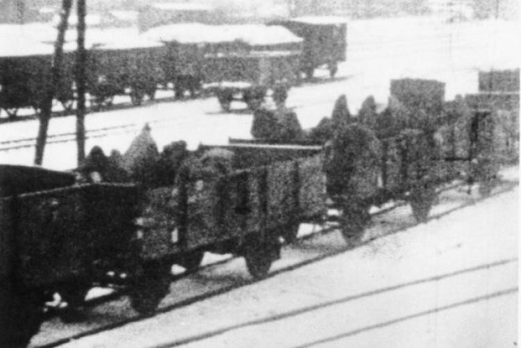 Pociąg z ewakuowanymi więźniami KL Auschwitz. Styczeń 1945 r. Kolin, Czechy. Źródło: Państwowe Muzeum Auschwitz-Birkenau Pociąg z ewakuowanymi więźniami KL Auschwitz. Styczeń 1945 r. Kolin, Czechy. Źródło: Państwowe Muzeum Auschwitz-Birkenau